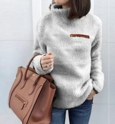 Autumn Winter Women Fashion Plush High Collar Long Sleeve Pullover Sweatshirt