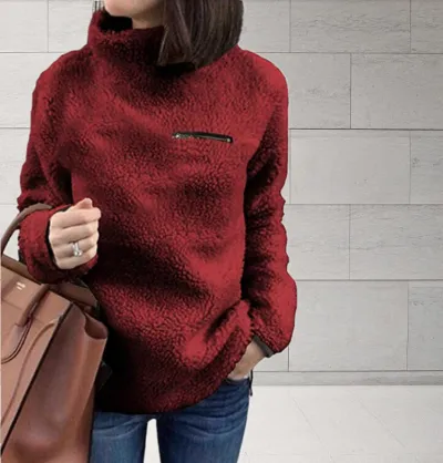 Autumn Winter Women Fashion Plush High Collar Long Sleeve Pullover Sweatshirt
