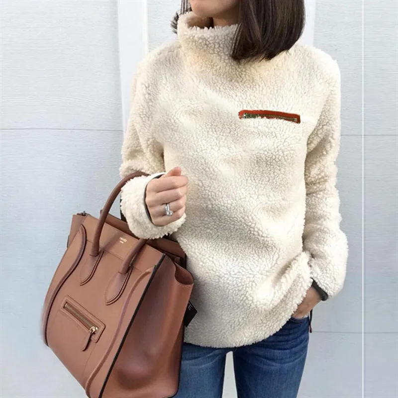 Autumn Winter Women Fashion Plush High Collar Long Sleeve Pullover Sweatshirt