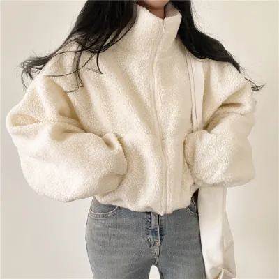Autumn Winter Women Fashion Solid Color Plush Thickened Zipper Cardigan Long Sleeve Jacket