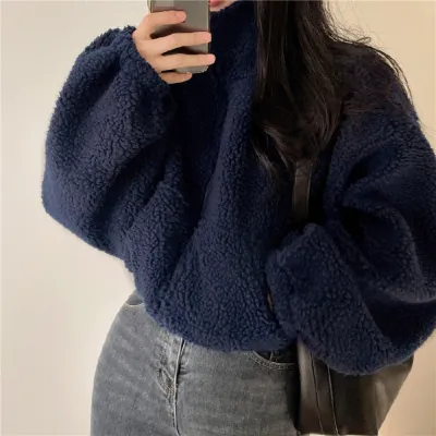 Autumn Winter Women Fashion Solid Color Plush Thickened Zipper Cardigan Long Sleeve Jacket