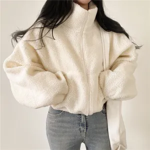 Autumn Winter Women Fashion Solid Color Plush Thickened Zipper Cardigan Long Sleeve Jacket