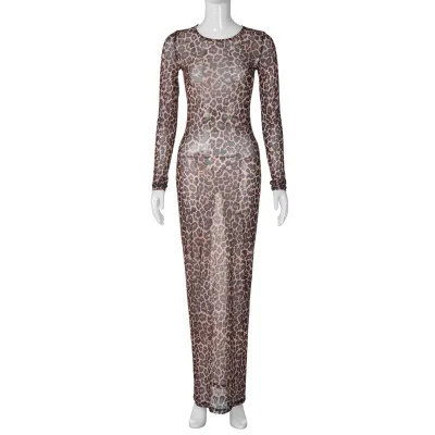 Summer Women Fashion Sexy Mesh Leopard Print Perspective Long Sleeve Maxi Dress