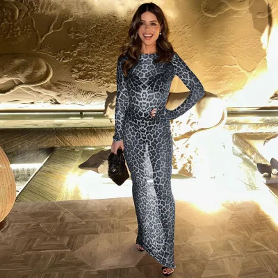 Summer Women Fashion Sexy Mesh Leopard Print Perspective Long Sleeve Maxi Dress