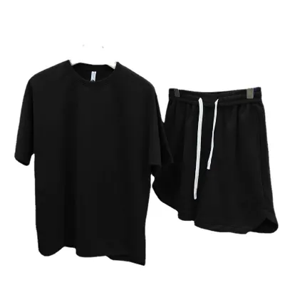 Men Casual Sport Solid Color Waffle Loose Short Sleeve Round Neck T-Shirt Shorts Set