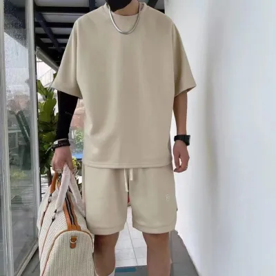 Men Casual Sport Solid Color Waffle Loose Short Sleeve Round Neck T-Shirt Shorts Set