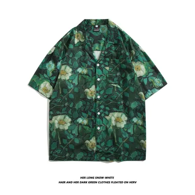 Men Casual Vintage Hawaii Tiny Flower Print Short Sleeve Lapel Shirt