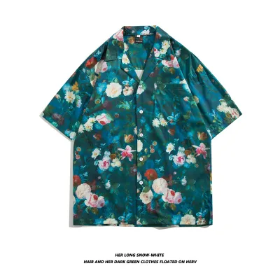 Men Casual Vintage Hawaii Tiny Flower Print Short Sleeve Lapel Shirt