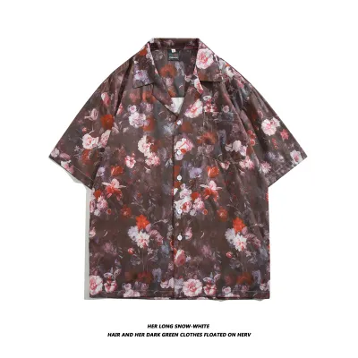 Men Casual Vintage Hawaii Tiny Flower Print Short Sleeve Lapel Shirt