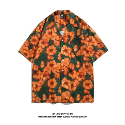 Men Casual Vintage Hawaii Tiny Flower Print Short Sleeve Lapel Shirt
