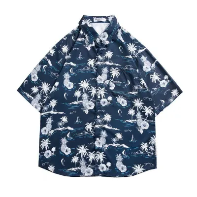 Men Casual Vintage Hawaii Tiny Flower Print Short Sleeve Stand Collar Shirt