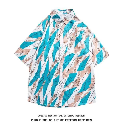 Men Casual Vintage Hawaii Tiny Flower Print Short Sleeve Stand Collar Shirt