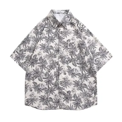 Men Casual Vintage Hawaii Tiny Flower Print Short Sleeve Stand Collar Shirt