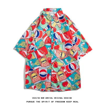 Men Casual Vintage Hawaii Tiny Flower Print Short Sleeve Stand Collar Shirt
