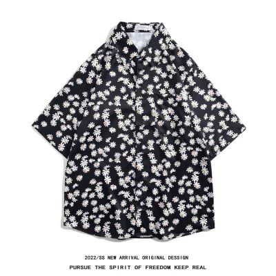 Men Casual Vintage Hawaii Tiny Flower Print Short Sleeve Stand Collar Shirt