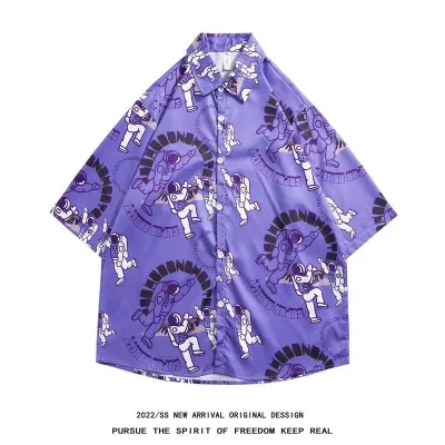 Men Casual Vintage Hawaii Tiny Flower Print Short Sleeve Stand Collar Shirt