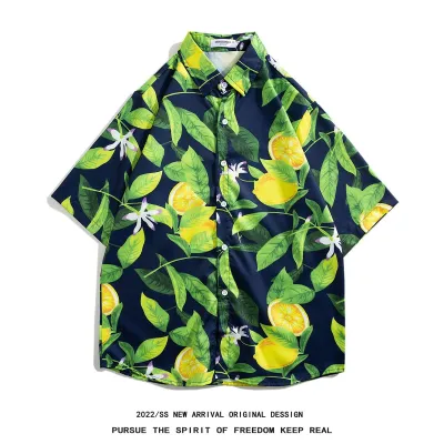 Men Casual Vintage Hawaii Tiny Flower Print Short Sleeve Stand Collar Shirt