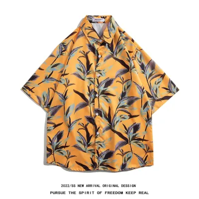 Men Casual Vintage Hawaii Tiny Flower Print Short Sleeve Stand Collar Shirt