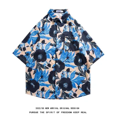 Men Casual Vintage Hawaii Tiny Flower Print Short Sleeve Stand Collar Shirt