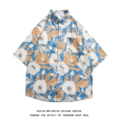 Men Casual Vintage Hawaii Tiny Flower Print Short Sleeve Stand Collar Shirt