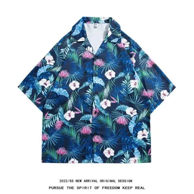 Men Casual Vintage Hawaii Tiny Flower Print Short Sleeve Stand Collar Shirt