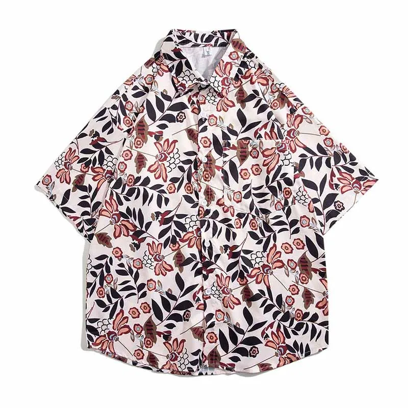 Men Casual Vintage Hawaii Tiny Flower Print Short Sleeve Stand Collar Shirt