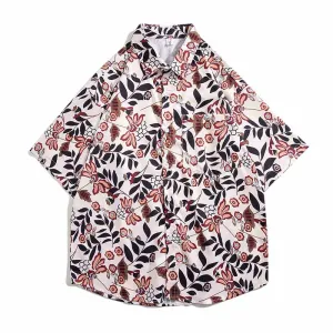 Men Casual Vintage Hawaii Tiny Flower Print Short Sleeve Stand Collar Shirt