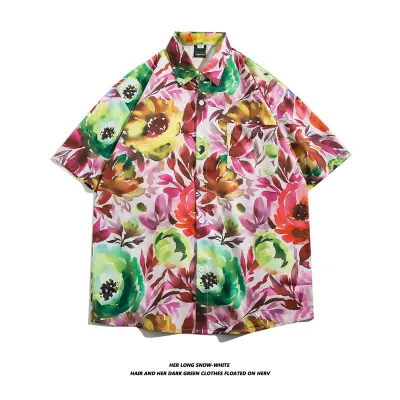 Men Casual Vintage Hawaii Tiny Flower Print Short Sleeve Lapel Shirt