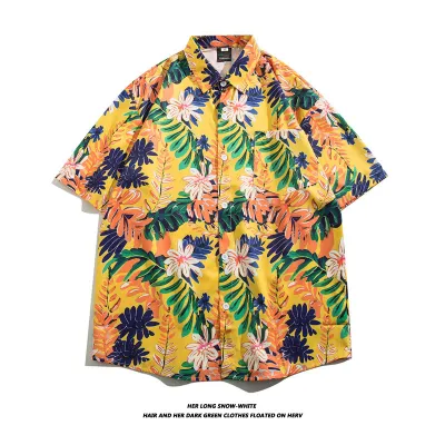 Men Casual Vintage Hawaii Tiny Flower Print Short Sleeve Lapel Shirt