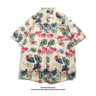 Men Casual Vintage Hawaii Tiny Flower Print Short Sleeve Lapel Shirt