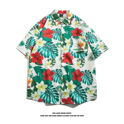 Men Casual Vintage Hawaii Tiny Flower Print Short Sleeve Lapel Shirt