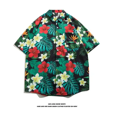 Men Casual Vintage Hawaii Tiny Flower Print Short Sleeve Lapel Shirt