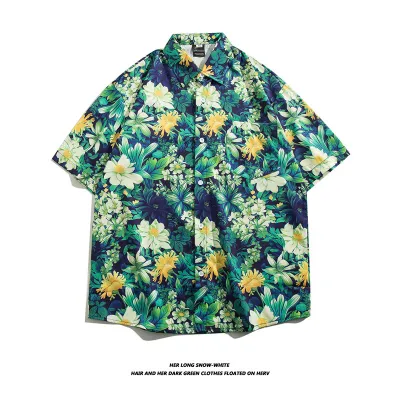 Men Casual Vintage Hawaii Tiny Flower Print Short Sleeve Lapel Shirt