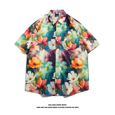 Men Casual Vintage Hawaii Tiny Flower Print Short Sleeve Lapel Shirt