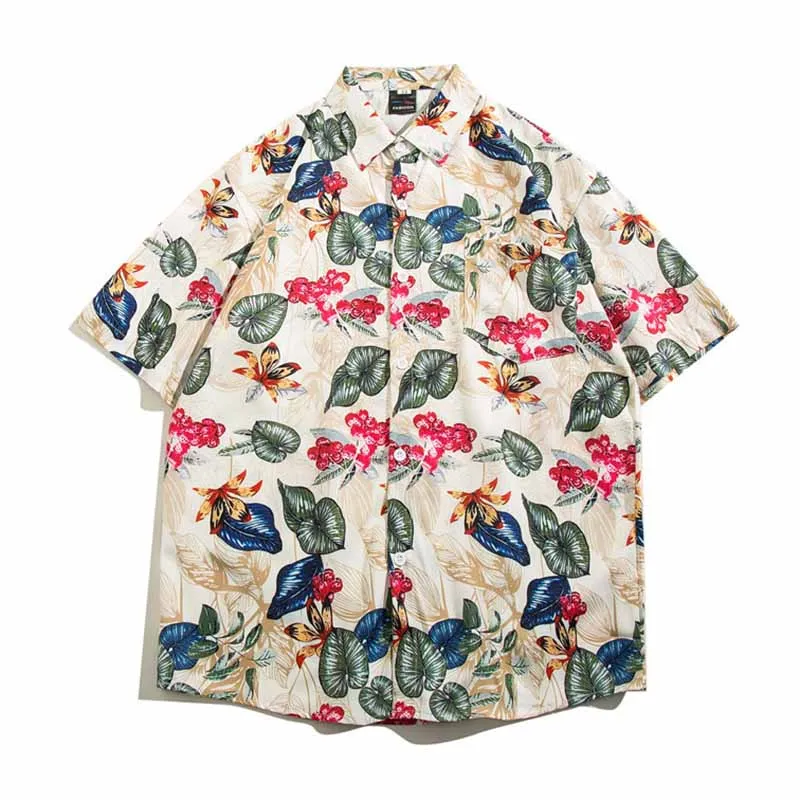 Men Casual Vintage Hawaii Tiny Flower Print Short Sleeve Lapel Shirt