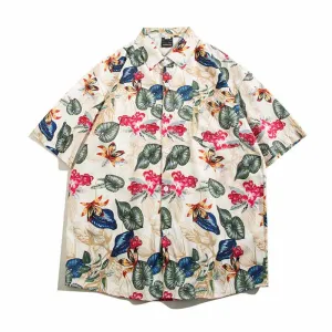 Men Casual Vintage Hawaii Tiny Flower Print Short Sleeve Lapel Shirt