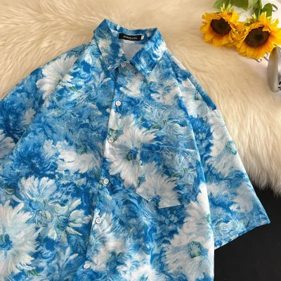 Men Casual Vintage Hawaii Tiny Flower Print Short Sleeve Lapel Shirt