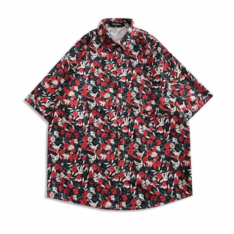 Men Casual Vintage Hawaii Tiny Flower Print Short Sleeve Lapel Shirt