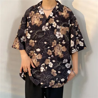 Men Casual Vintage Hawaii Skull Print Short Sleeve Lapel Shirt