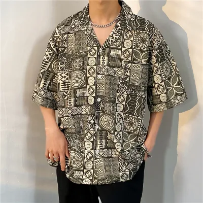 Men Casual Vintage Hawaii Skull Print Short Sleeve Lapel Shirt