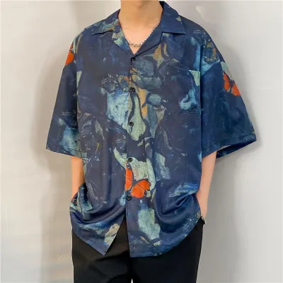 Men Casual Vintage Hawaii Skull Print Short Sleeve Lapel Shirt