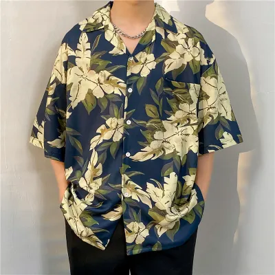 Men Casual Vintage Hawaii Skull Print Short Sleeve Lapel Shirt