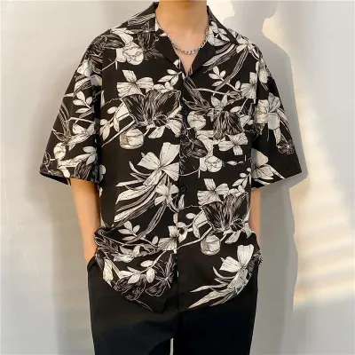 Men Casual Vintage Hawaii Skull Print Short Sleeve Lapel Shirt