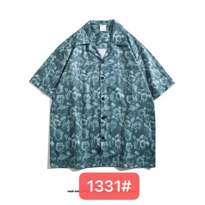 Men Casual Vintage Hawaii Skull Print Short Sleeve Lapel Shirt