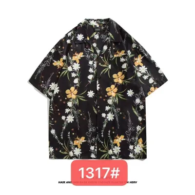 Men Casual Vintage Hawaii Skull Print Short Sleeve Lapel Shirt