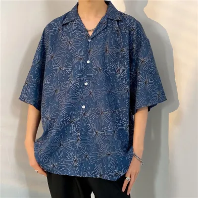 Men Casual Vintage Hawaii Skull Print Short Sleeve Lapel Shirt