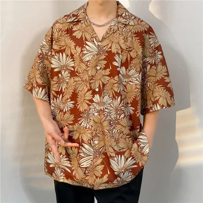 Men Casual Vintage Hawaii Skull Print Short Sleeve Lapel Shirt