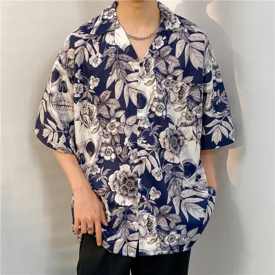 Men Casual Vintage Hawaii Skull Print Short Sleeve Lapel Shirt