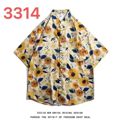 Men Casual Vintage Hawaii Tiny Flower Print Short Sleeve Lapel Shirt