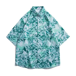 Men Casual Vintage Hawaii Tiny Flower Print Short Sleeve Lapel Shirt